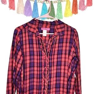 Betsey Johnson Intimates Vintage Y2K Pink Purple Plaid Tunic Sleep Shirt Medium